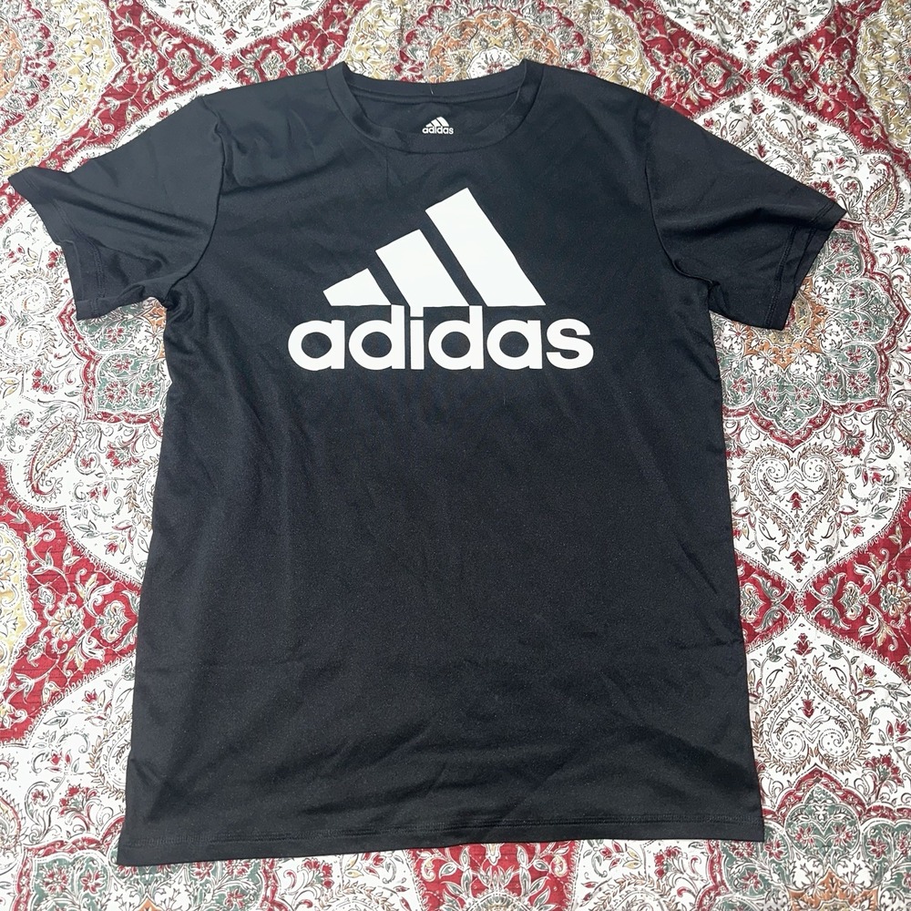 Adidas Climalite Boys Youth T Shirt L  14/16 100% Polyester Black White Athletic